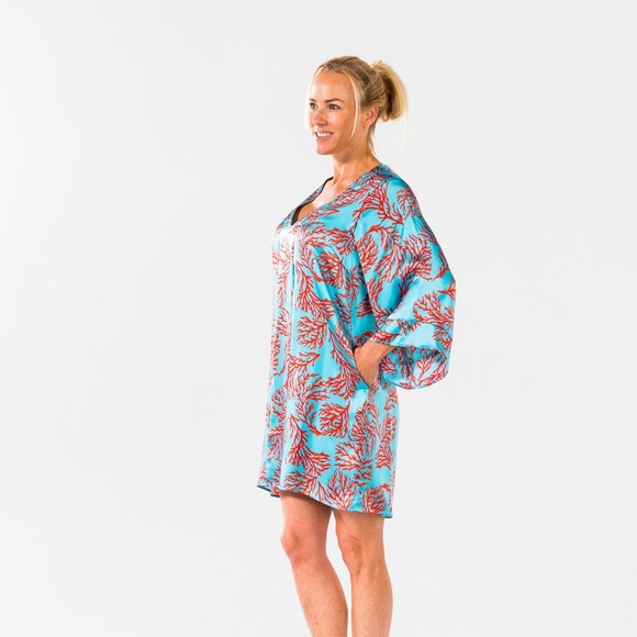 Design Rona Dress Size M Medium Silk Ice Cube Blue Red Coral Turquoise RARE - Picture 2 of 7